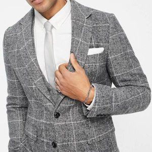 Gianni Feraud Wool-Mix Windowpane Check Grey Suit Jacket